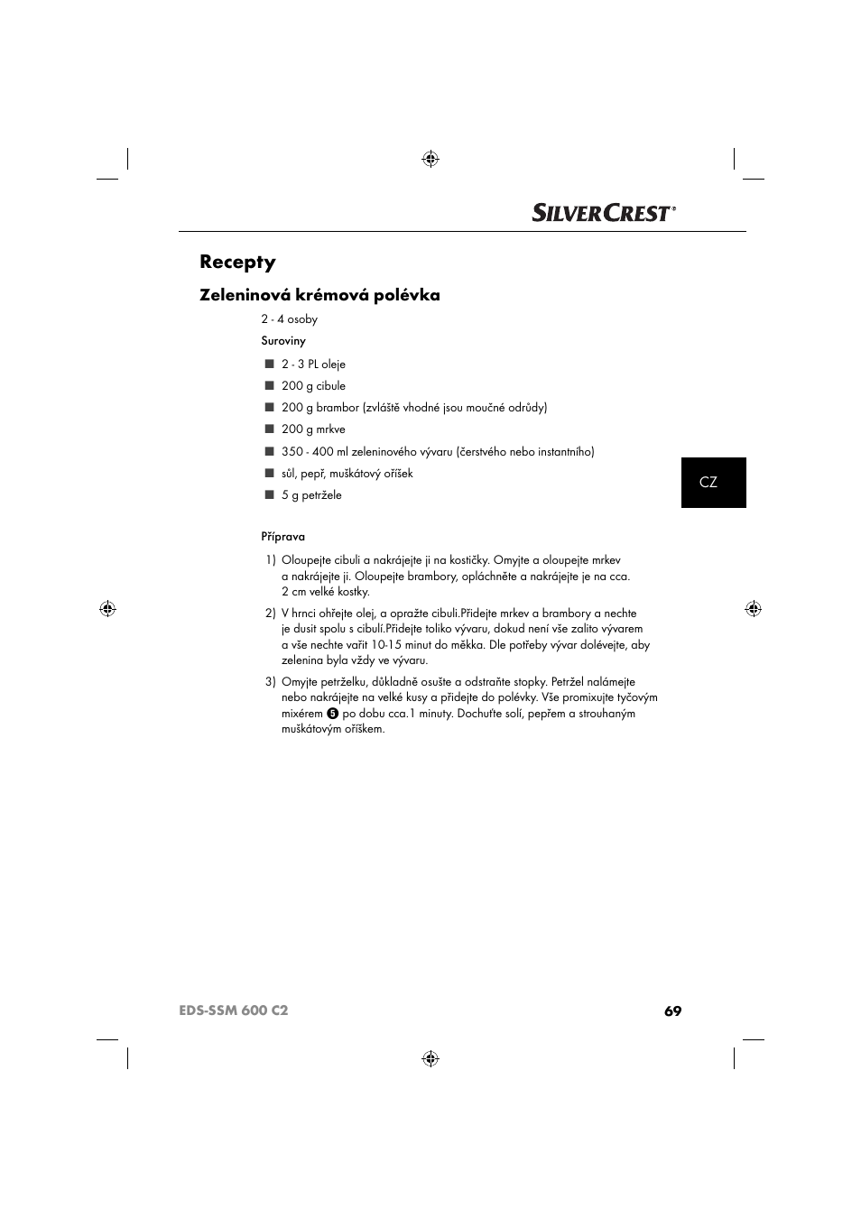 Recepty, Zeleninová krémová polévka | Silvercrest SSM 600 C2 User Manual | Page 72 / 105