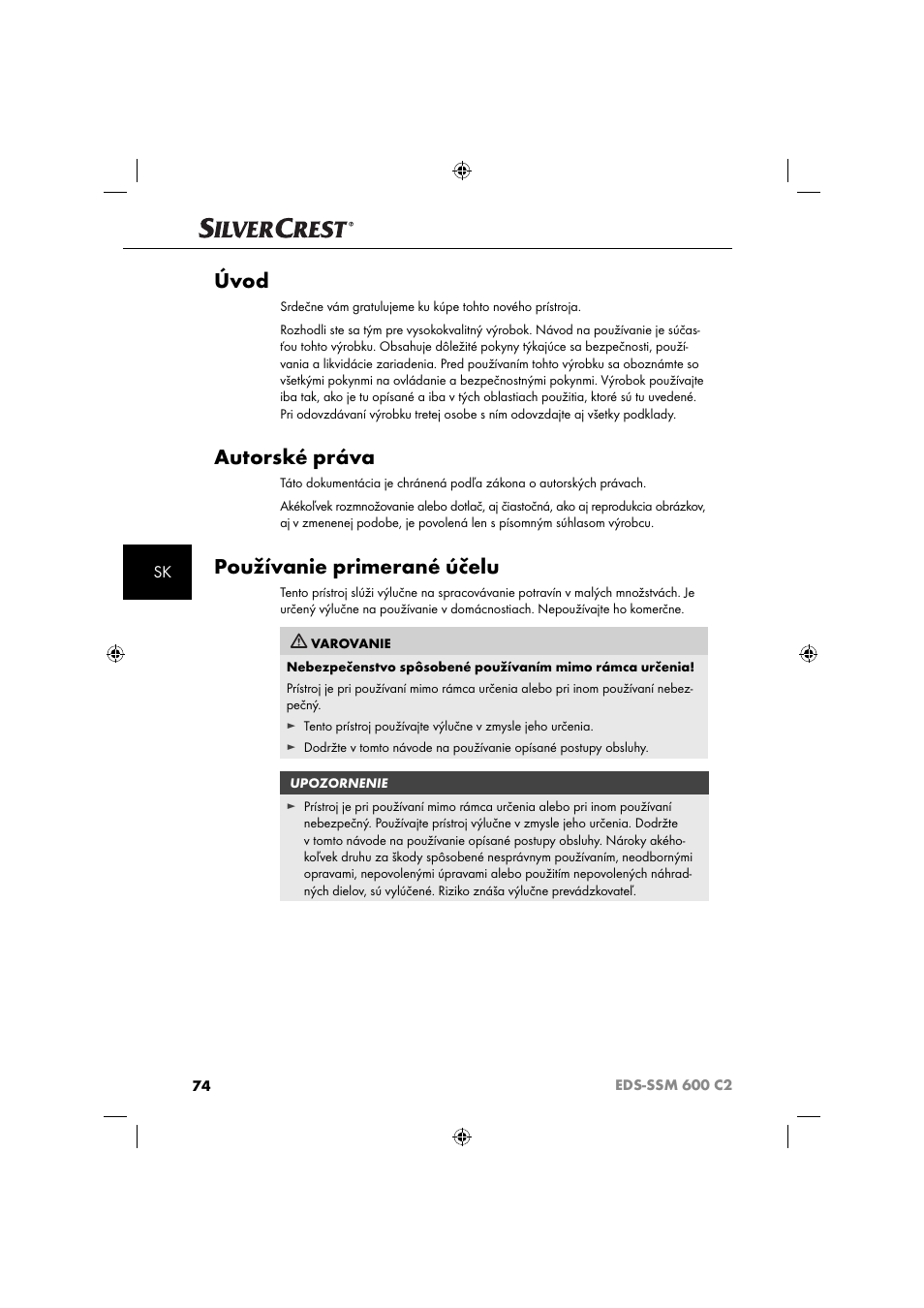 Úvod, Autorské práva, Používanie primerané účelu | Silvercrest SSM 600 C2 User Manual | Page 77 / 105