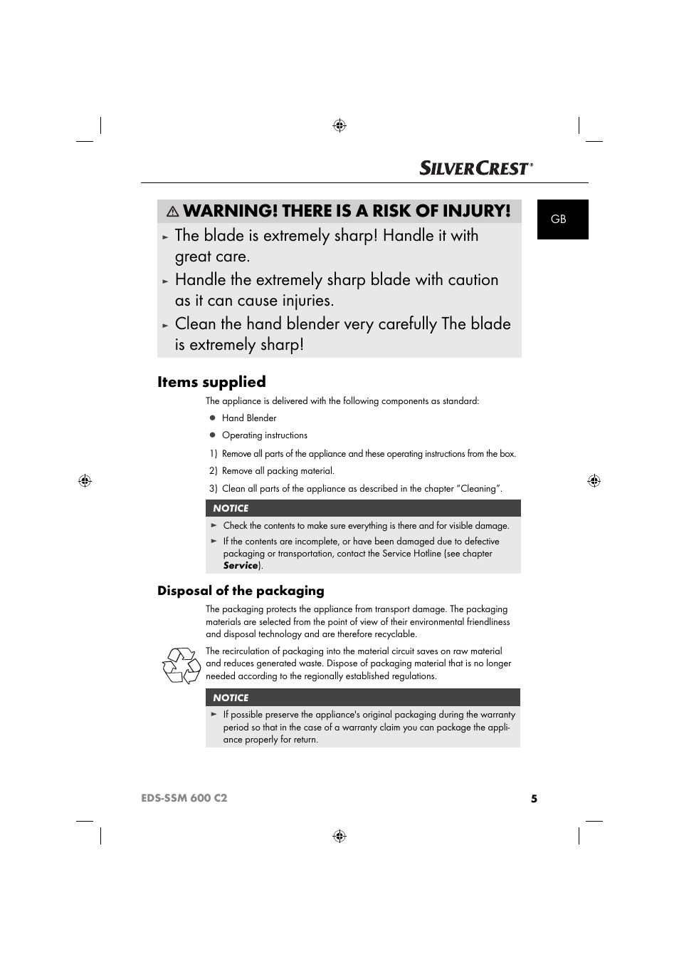Warning! there is a risk of injury, Items supplied, Disposal of the packaging | Silvercrest SSM 600 C2 User Manual | Page 8 / 105