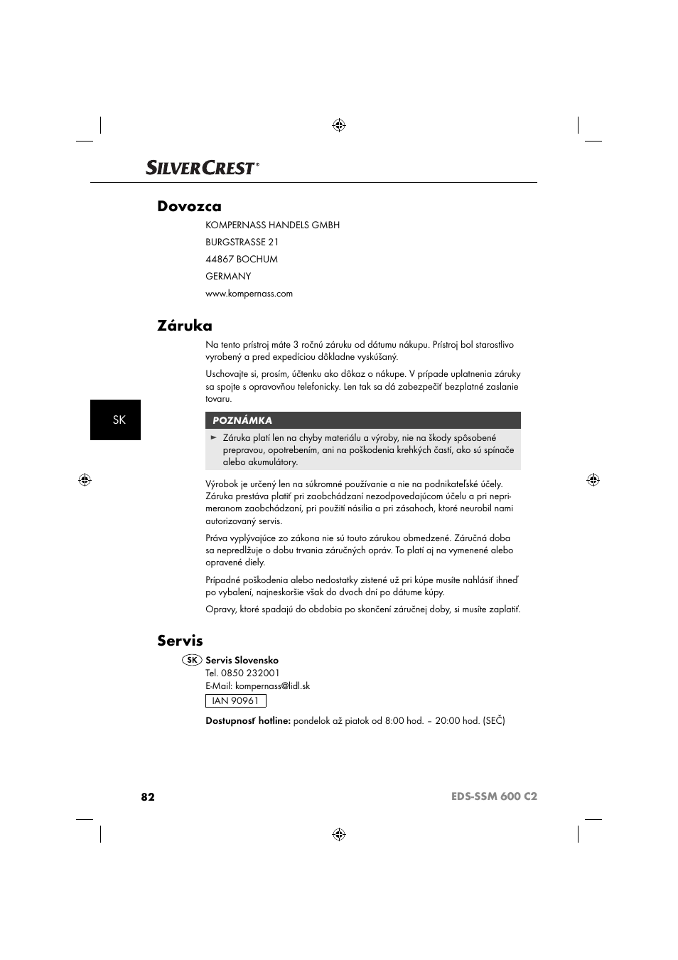 Dovozca, Záruka, Servis | Silvercrest SSM 600 C2 User Manual | Page 85 / 105