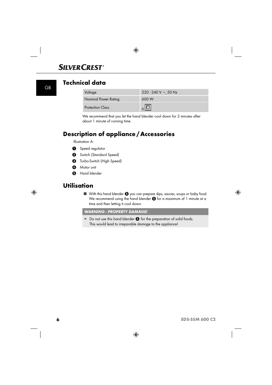 Technical data, Description of appliance / accessories, Utilisation | Silvercrest SSM 600 C2 User Manual | Page 9 / 105