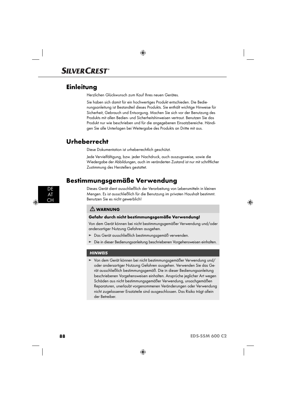 Einleitung, Urheberrecht, Bestimmungsgemäße verwendung | De at ch | Silvercrest SSM 600 C2 User Manual | Page 91 / 105