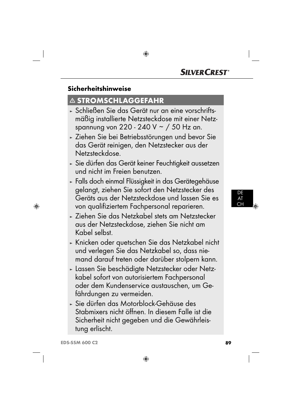 Stromschlaggefahr, Sicherheitshinweise | Silvercrest SSM 600 C2 User Manual | Page 92 / 105