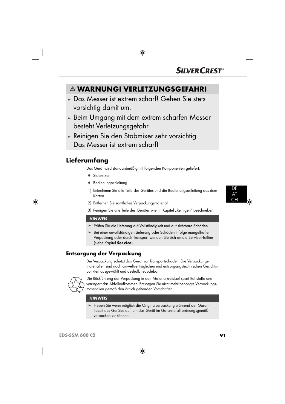 Warnung! verletzungsgefahr, Lieferumfang, Entsorgung der verpackung | Silvercrest SSM 600 C2 User Manual | Page 94 / 105