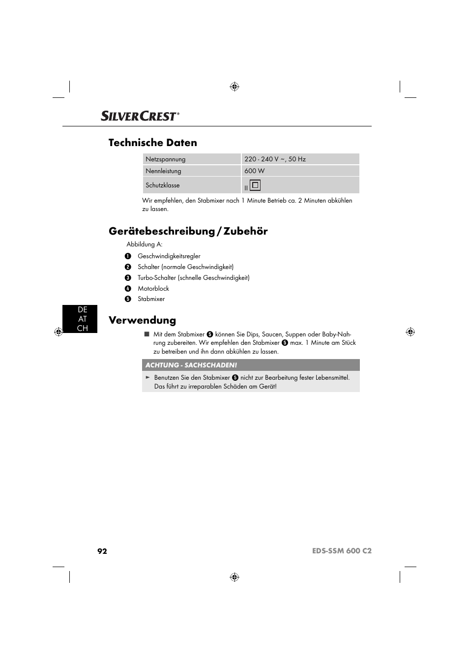 Technische daten, Gerätebeschreibung / zubehör, Verwendung | De at ch | Silvercrest SSM 600 C2 User Manual | Page 95 / 105