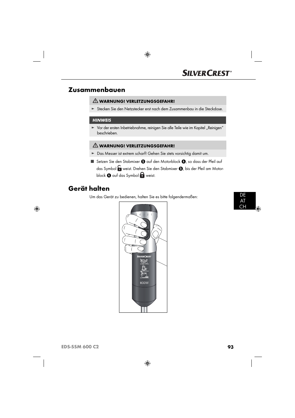 Zusammenbauen, Gerät halten, De at ch | Silvercrest SSM 600 C2 User Manual | Page 96 / 105