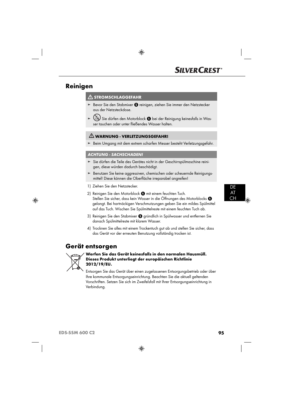 Reinigen, Gerät entsorgen, De at ch | Silvercrest SSM 600 C2 User Manual | Page 98 / 105