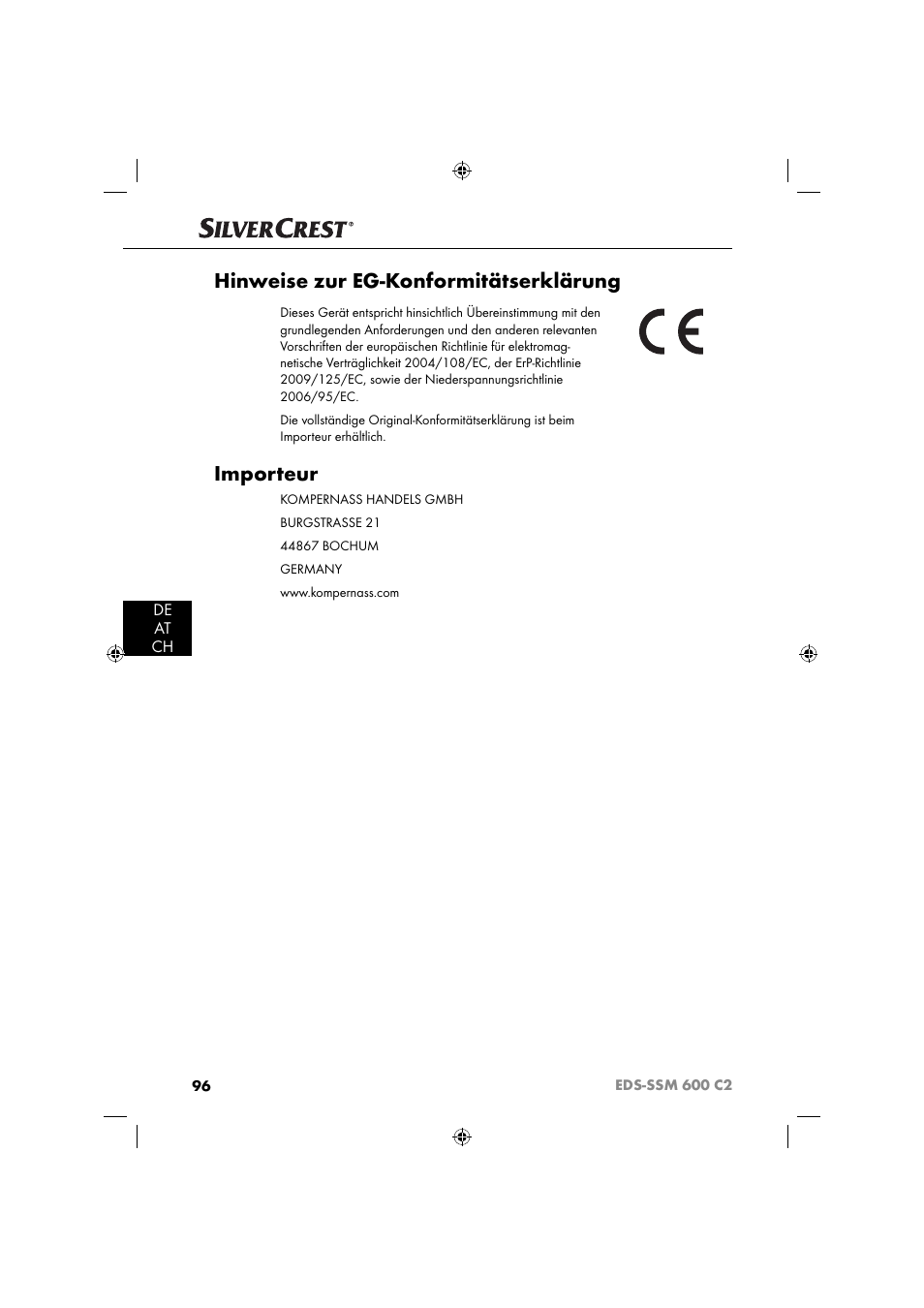 Hinweise zur eg-konformitätserklärung, Importeur, De at ch | Silvercrest SSM 600 C2 User Manual | Page 99 / 105