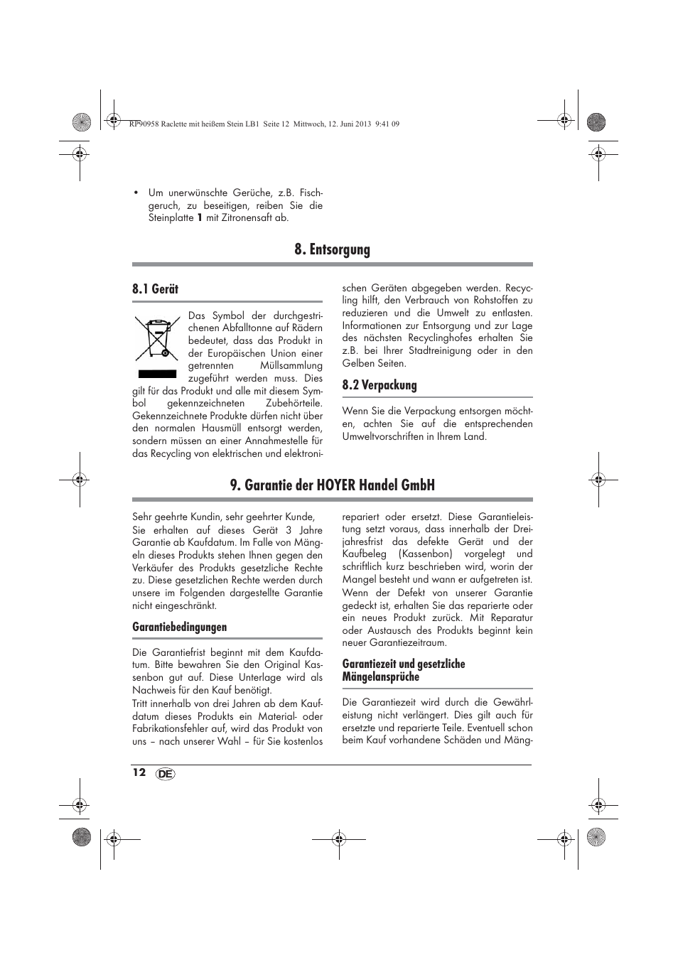 Entsorgung, Garantie der hoyer handel gmbh | Silvercrest SRGS 1300 A2 User Manual | Page 14 / 66
