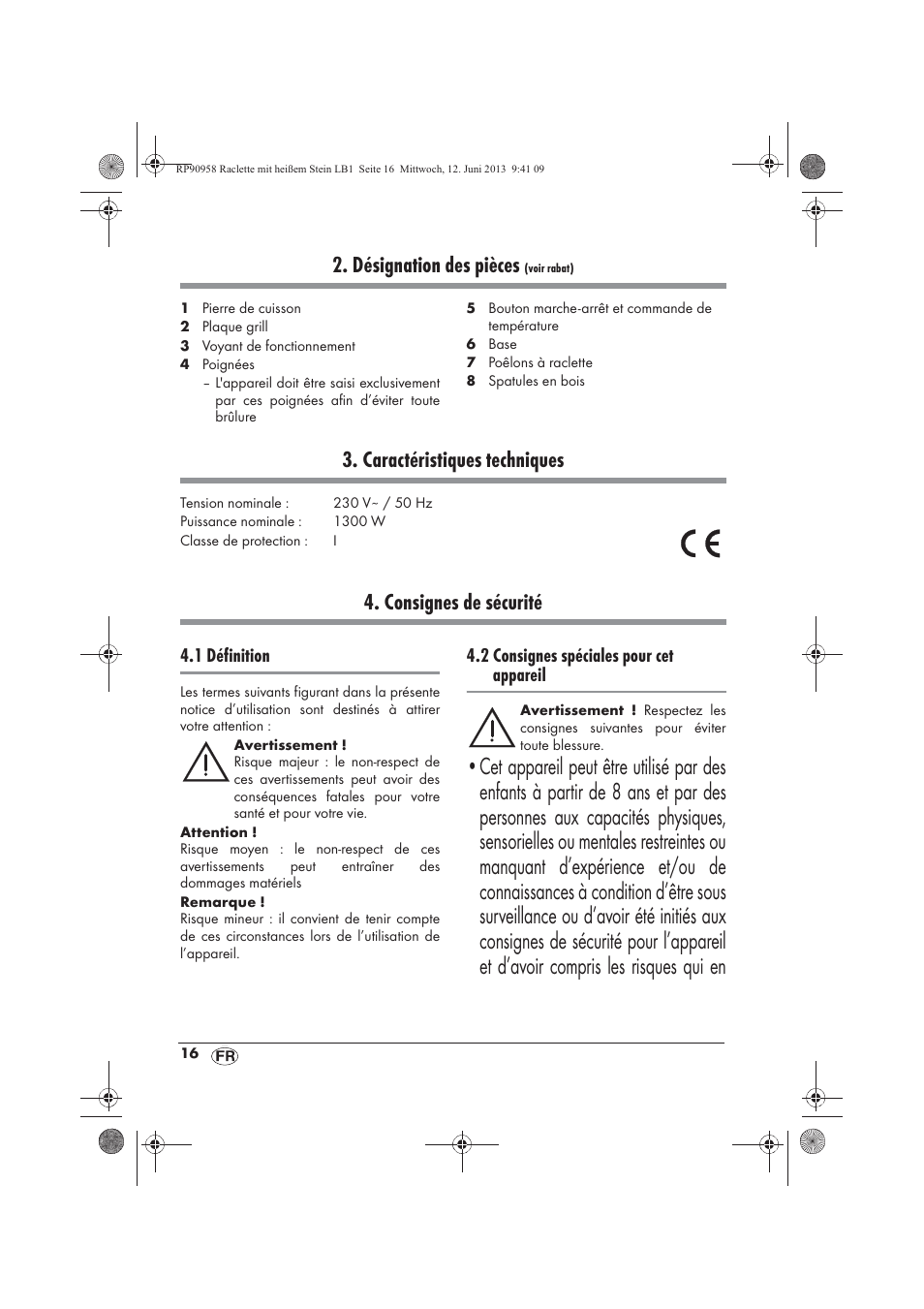 Désignation des pièces, Caractéristiques techniques, Consignes de sécurité | Silvercrest SRGS 1300 A2 User Manual | Page 18 / 66