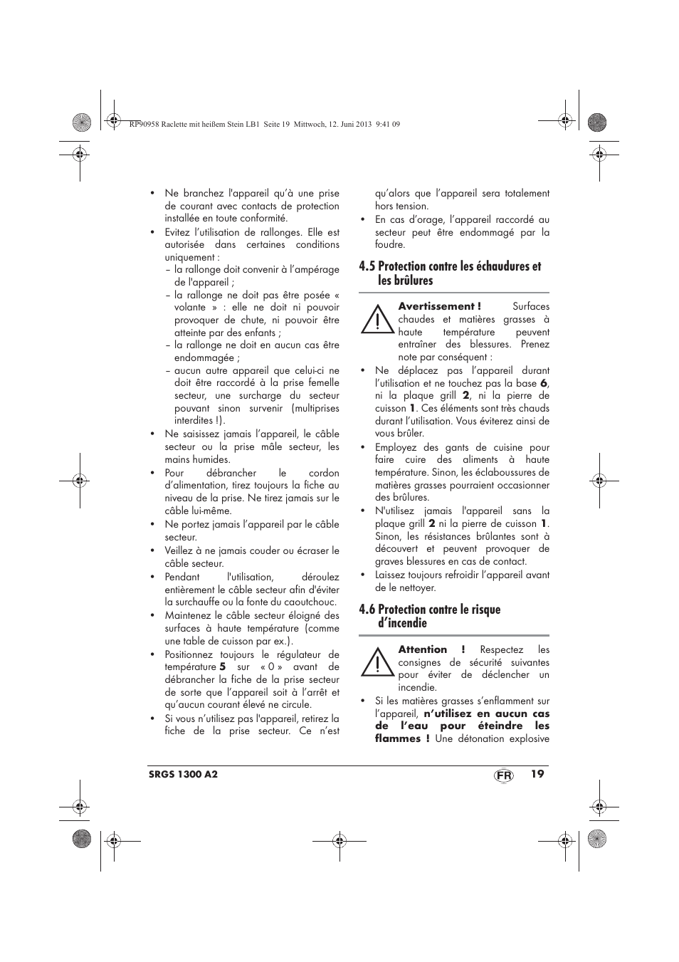 5 protection contre les échaudures et les brûlures, 6 protection contre le risque d’incendie | Silvercrest SRGS 1300 A2 User Manual | Page 21 / 66