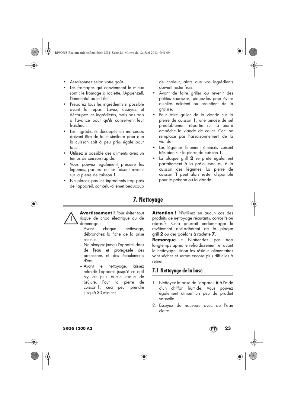 Nettoyage, 1 nettoyage de la base | Silvercrest SRGS 1300 A2 User Manual | Page 25 / 66