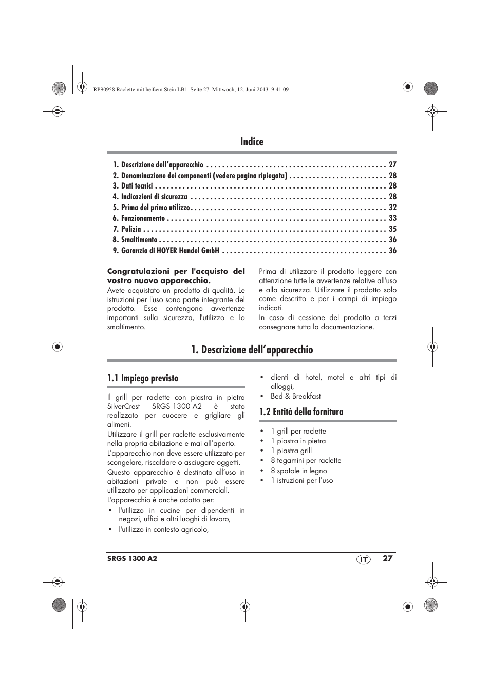 Indice, Descrizione dell’apparecchio | Silvercrest SRGS 1300 A2 User Manual | Page 29 / 66