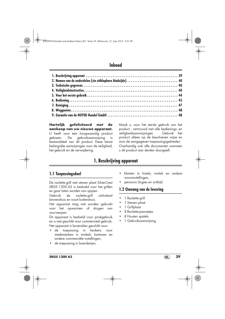 Inhoud, Beschrijving apparaat | Silvercrest SRGS 1300 A2 User Manual | Page 41 / 66