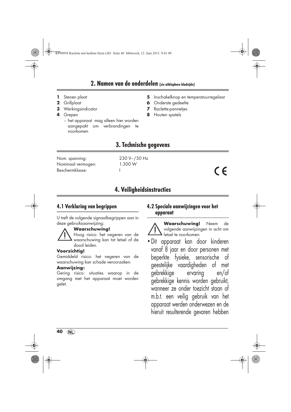 Namen van de onderdelen, Technische gegevens, Veiligheidsinstructies | Silvercrest SRGS 1300 A2 User Manual | Page 42 / 66
