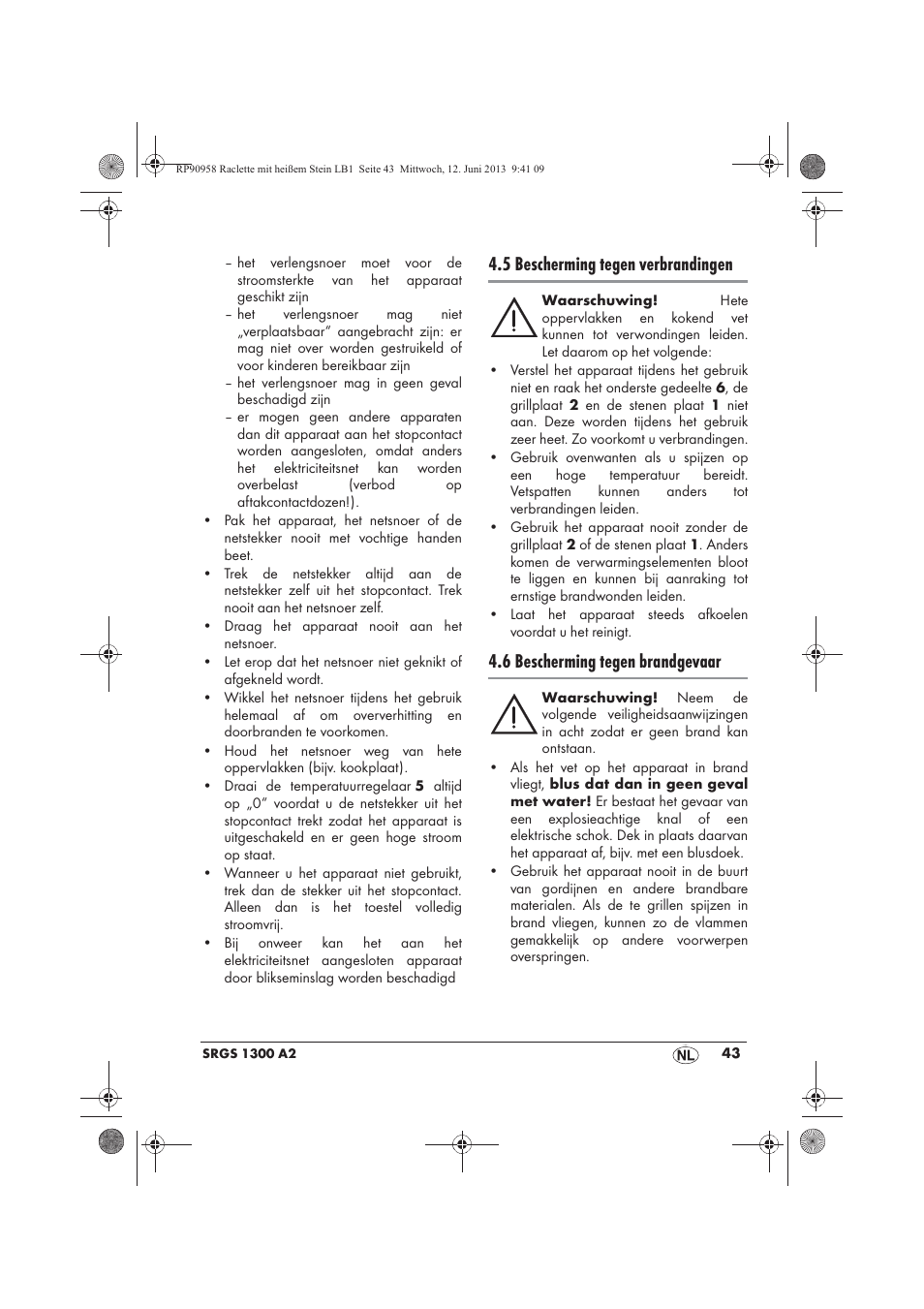 5 bescherming tegen verbrandingen, 6 bescherming tegen brandgevaar | Silvercrest SRGS 1300 A2 User Manual | Page 45 / 66