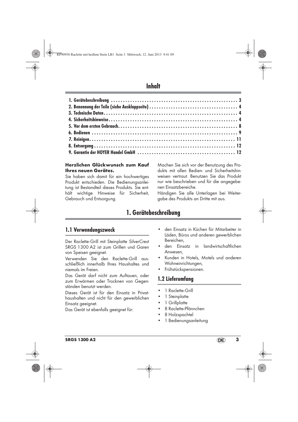 Inhalt, Gerätebeschreibung, 1 verwendungszweck | 2 lieferumfang | Silvercrest SRGS 1300 A2 User Manual | Page 5 / 66