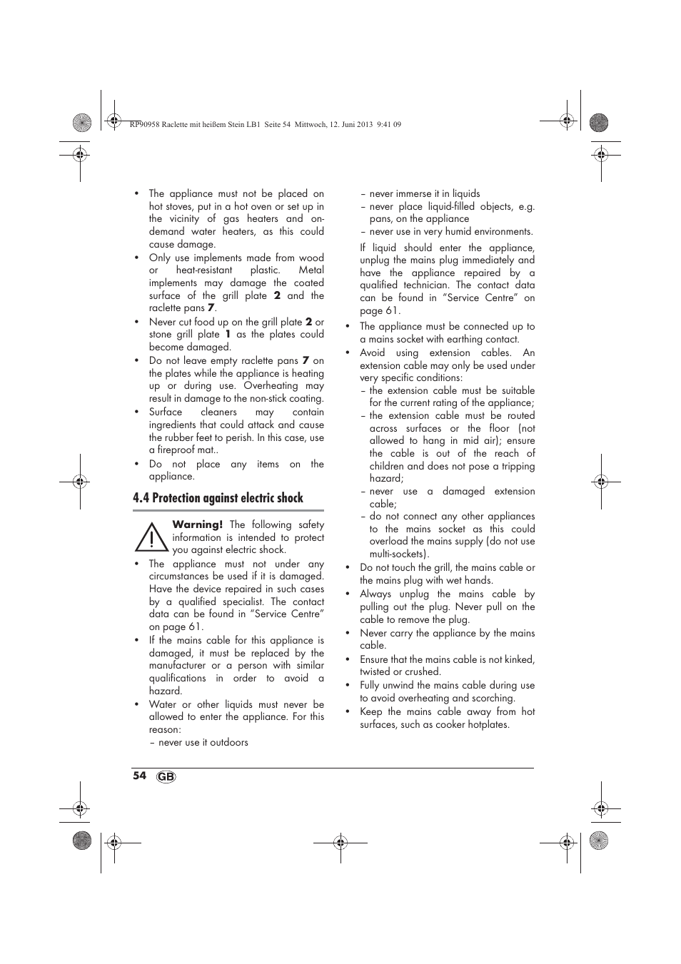 4 protection against electric shock | Silvercrest SRGS 1300 A2 User Manual | Page 56 / 66