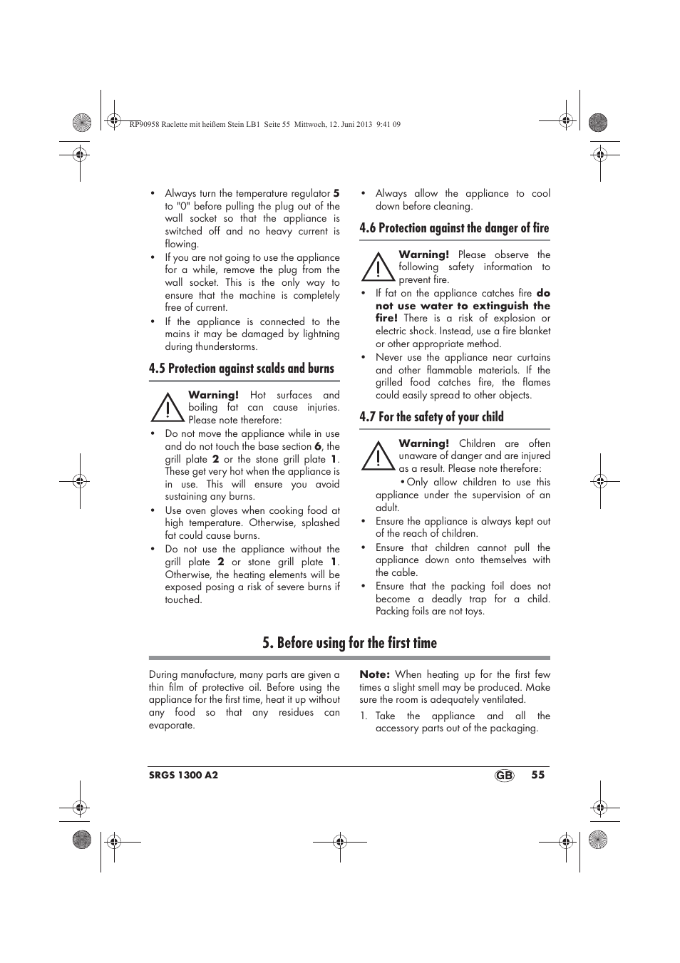Before using for the first time, 5 protection against scalds and burns, 6 protection against the danger of fire | 7 for the safety of your child | Silvercrest SRGS 1300 A2 User Manual | Page 57 / 66