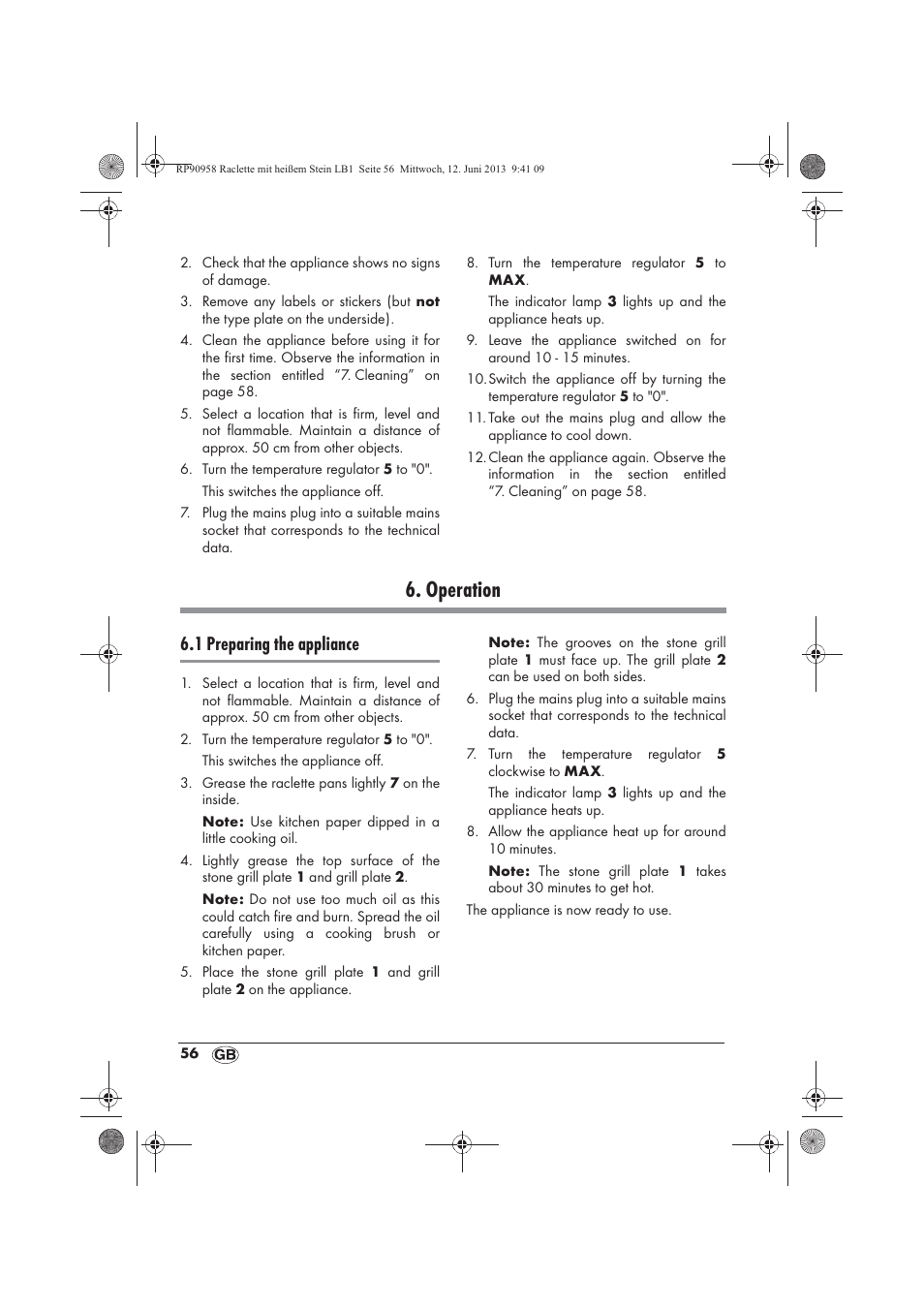 Operation, 1 preparing the appliance | Silvercrest SRGS 1300 A2 User Manual | Page 58 / 66