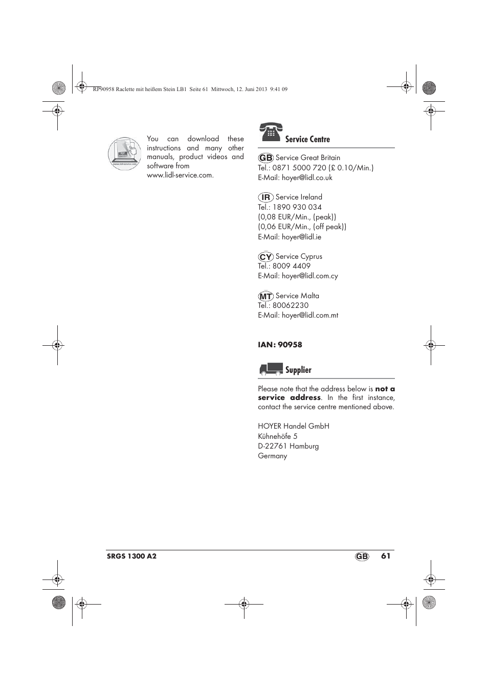 Service centre, Supplier | Silvercrest SRGS 1300 A2 User Manual | Page 63 / 66