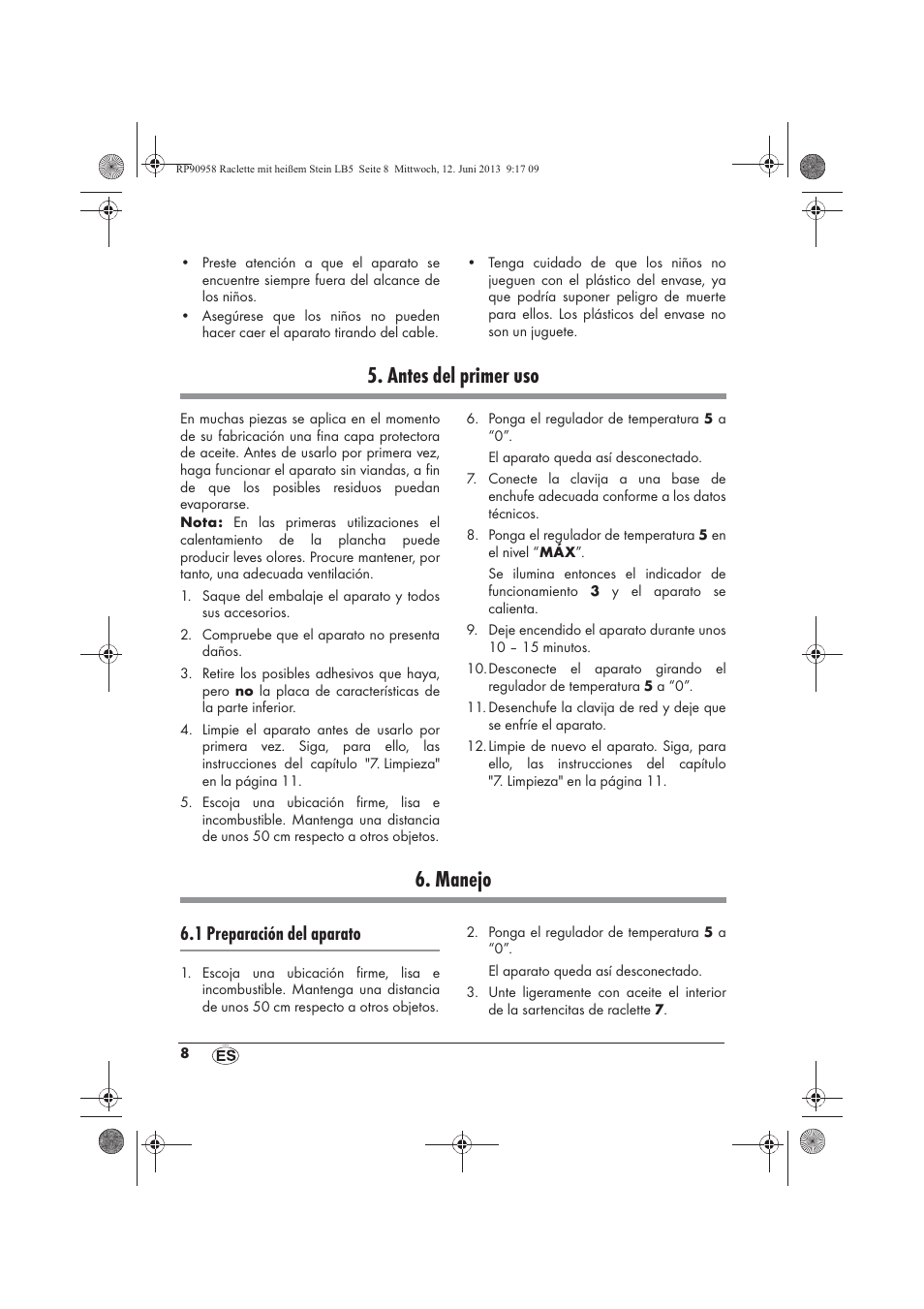 Antes del primer uso, Manejo, 1 preparación del aparato | Silvercrest SRGS 1300 A2 User Manual | Page 10 / 66