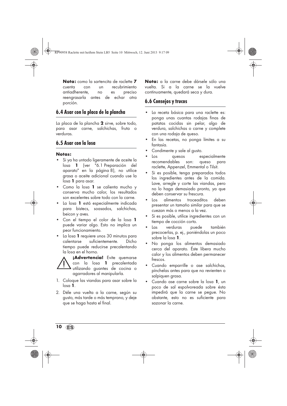 4 asar con la placa de la plancha, 5 asar con la losa, 6 consejos y trucos | Silvercrest SRGS 1300 A2 User Manual | Page 12 / 66