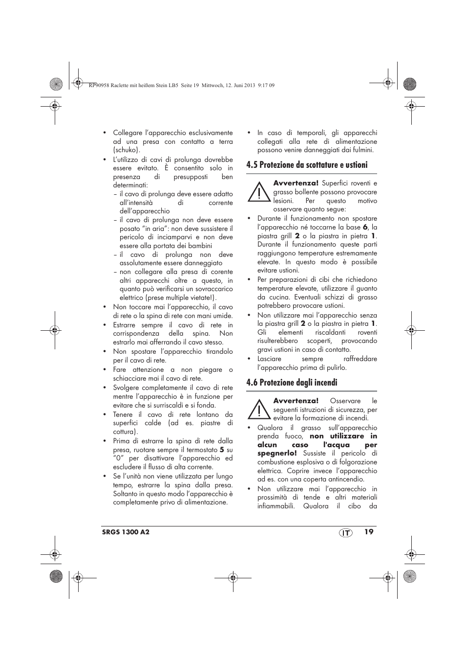 5 protezione da scottature e ustioni, 6 protezione dagli incendi | Silvercrest SRGS 1300 A2 User Manual | Page 21 / 66