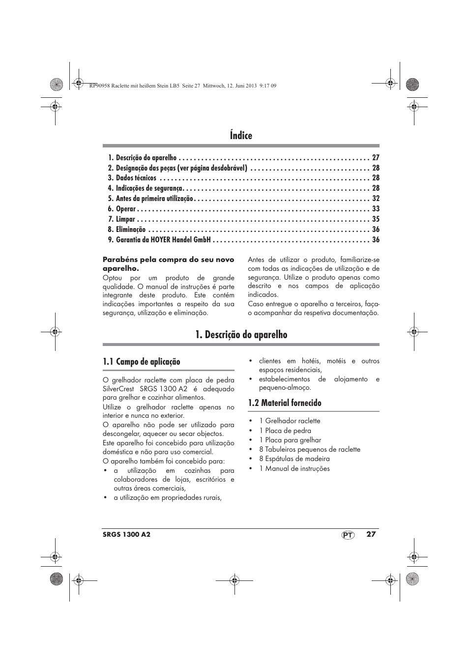 Índice, Descrição do aparelho, 1 campo de aplicação | 2 material fornecido | Silvercrest SRGS 1300 A2 User Manual | Page 29 / 66