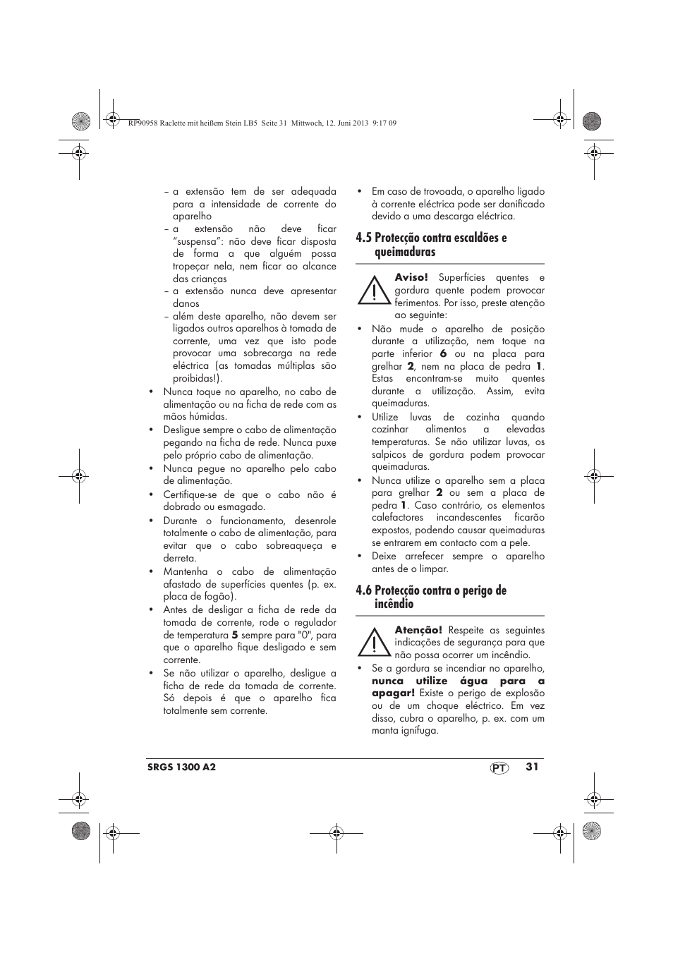 5 protecção contra escaldões e queimaduras, 6 protecção contra o perigo de incêndio | Silvercrest SRGS 1300 A2 User Manual | Page 33 / 66