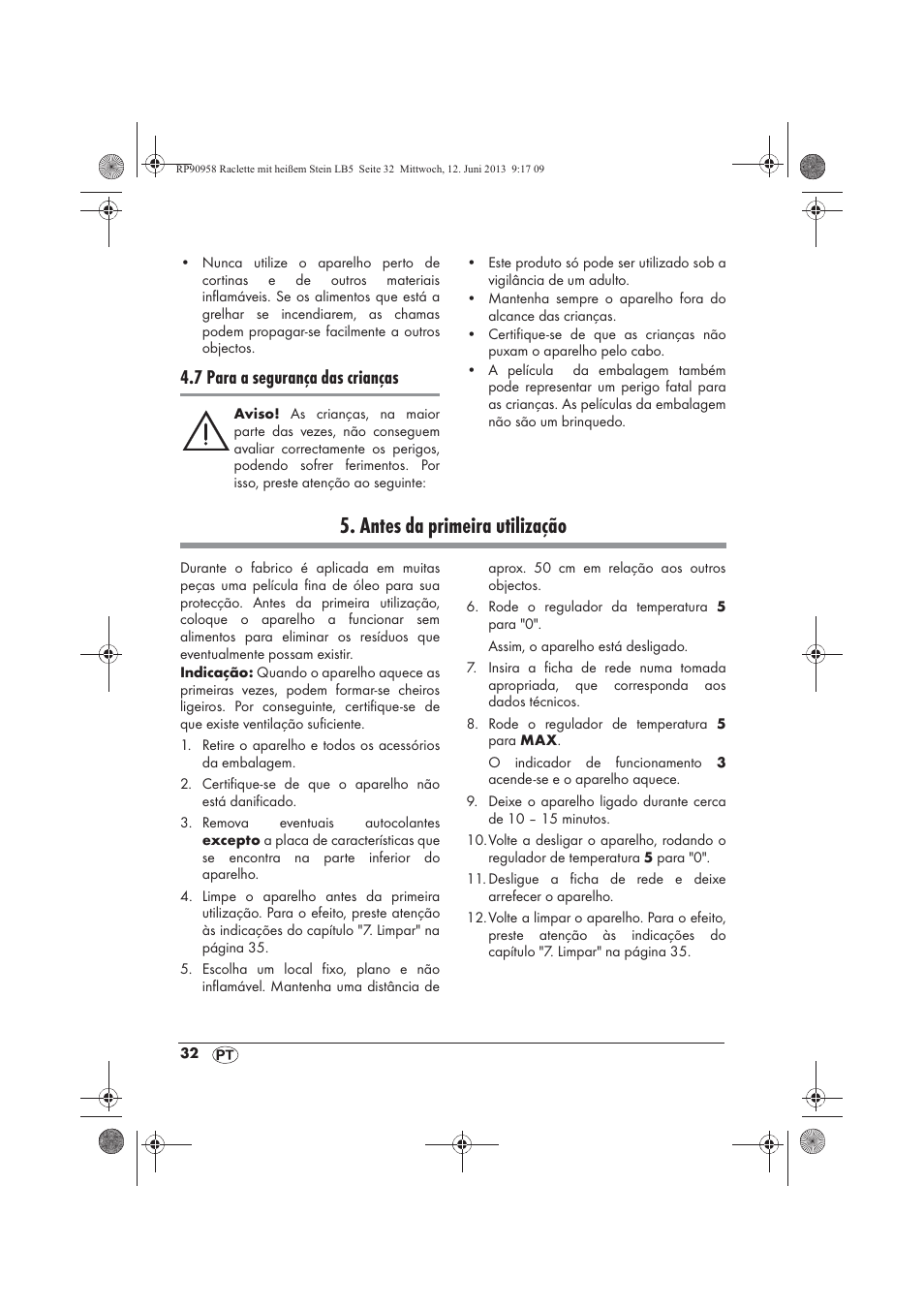 Antes da primeira utilização, 7 para a segurança das crianças | Silvercrest SRGS 1300 A2 User Manual | Page 34 / 66