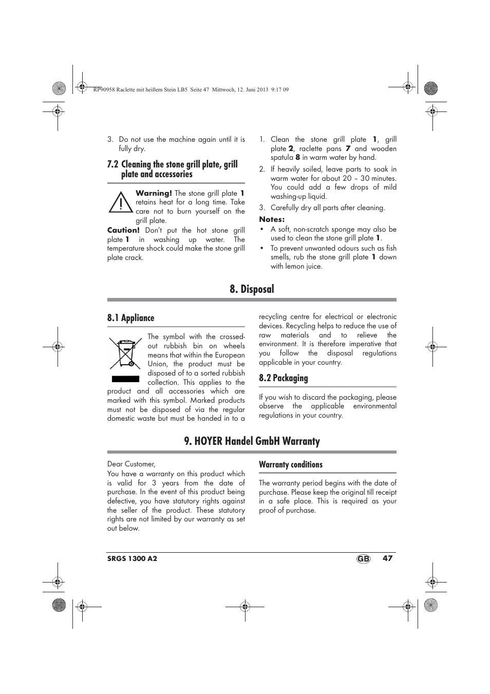 Disposal, Hoyer handel gmbh warranty, 1 appliance | 2 packaging | Silvercrest SRGS 1300 A2 User Manual | Page 49 / 66