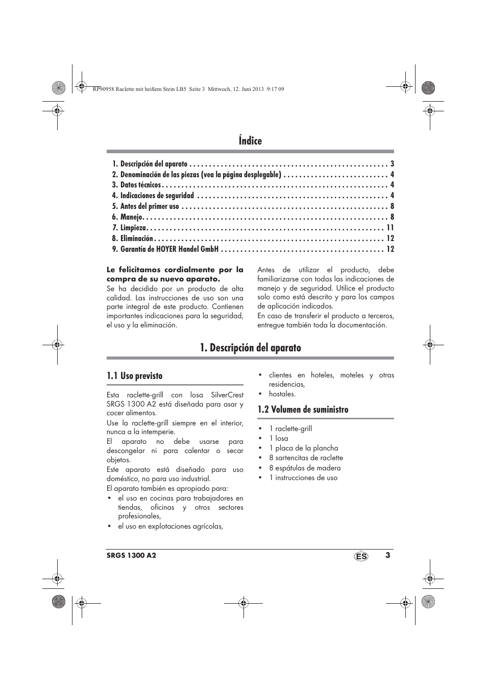 Índice, Descripción del aparato | Silvercrest SRGS 1300 A2 User Manual | Page 5 / 66
