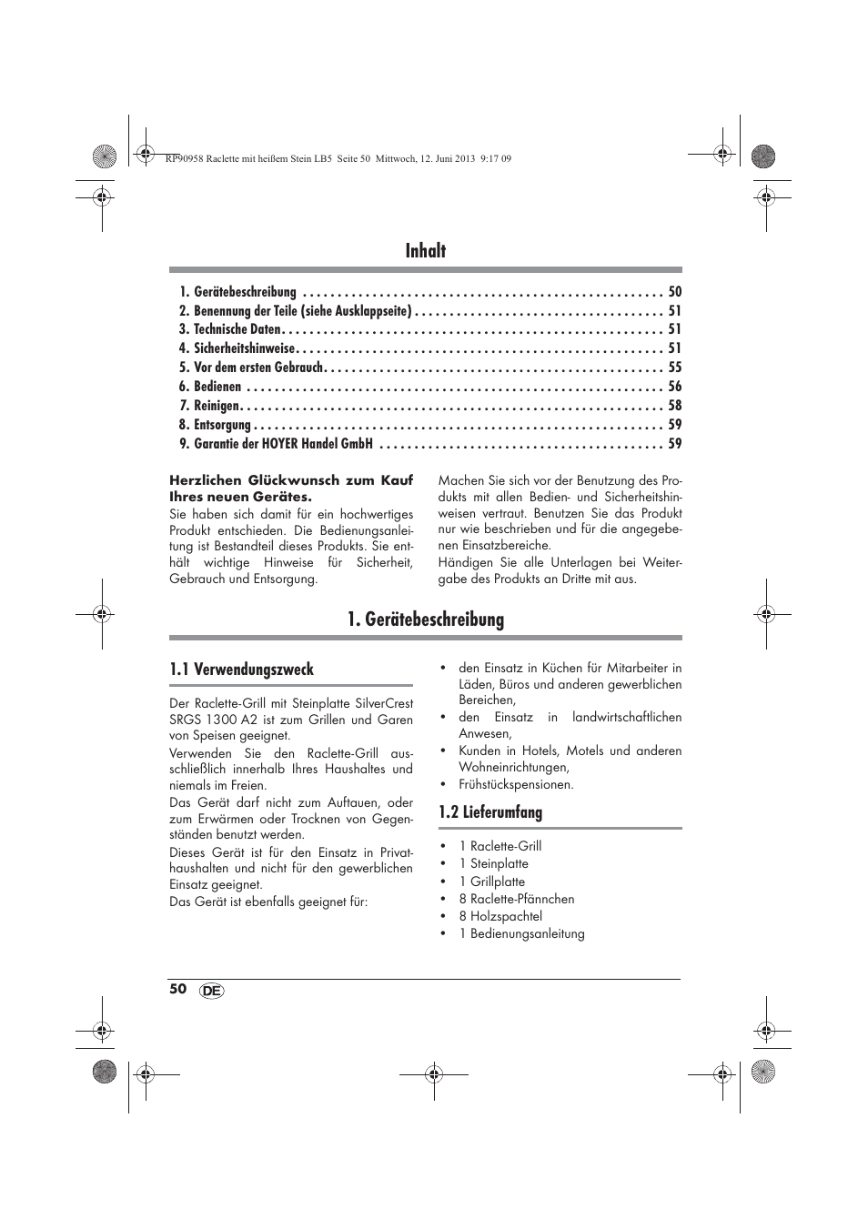 Inhalt, Gerätebeschreibung, 1 verwendungszweck | 2 lieferumfang | Silvercrest SRGS 1300 A2 User Manual | Page 52 / 66