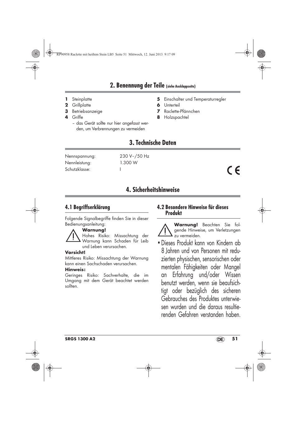 Benennung der teile, Technische daten, Sicherheitshinweise | Silvercrest SRGS 1300 A2 User Manual | Page 53 / 66