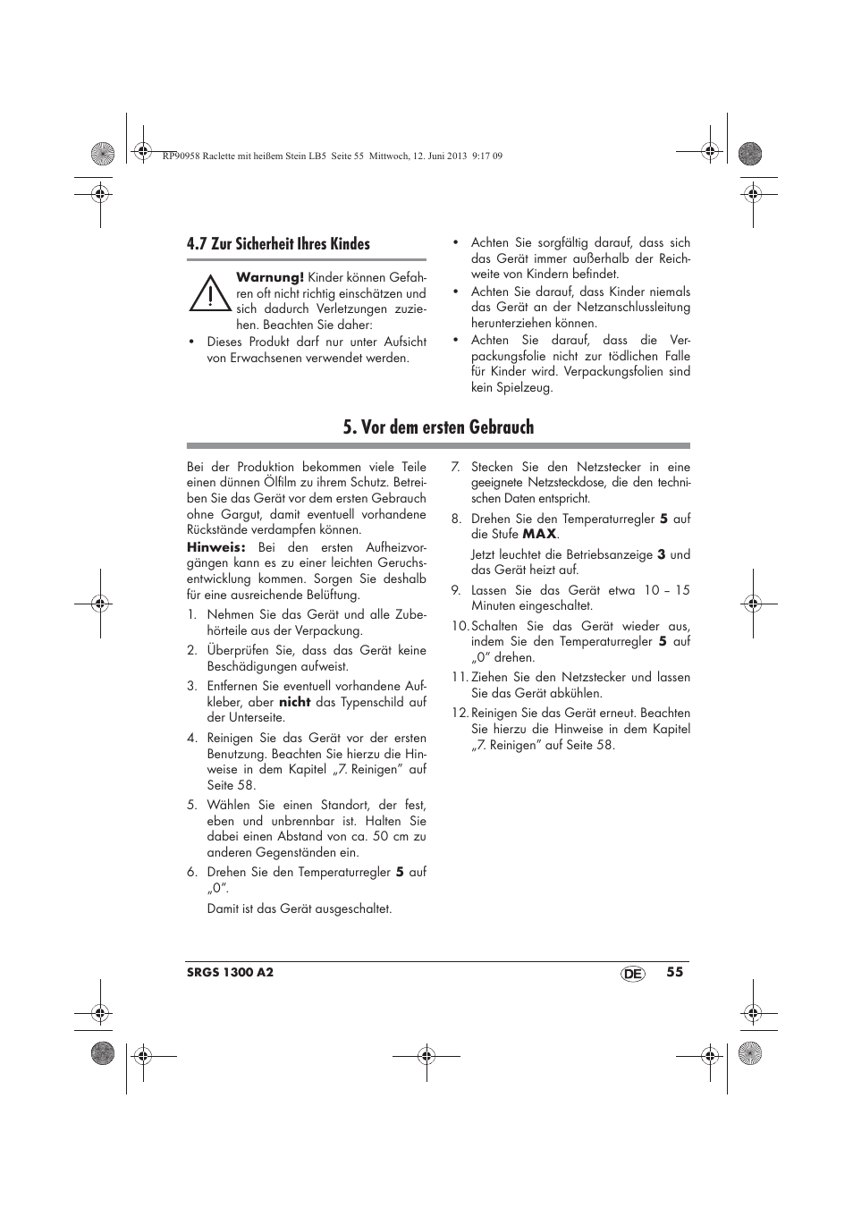 Vor dem ersten gebrauch, 7 zur sicherheit ihres kindes | Silvercrest SRGS 1300 A2 User Manual | Page 57 / 66