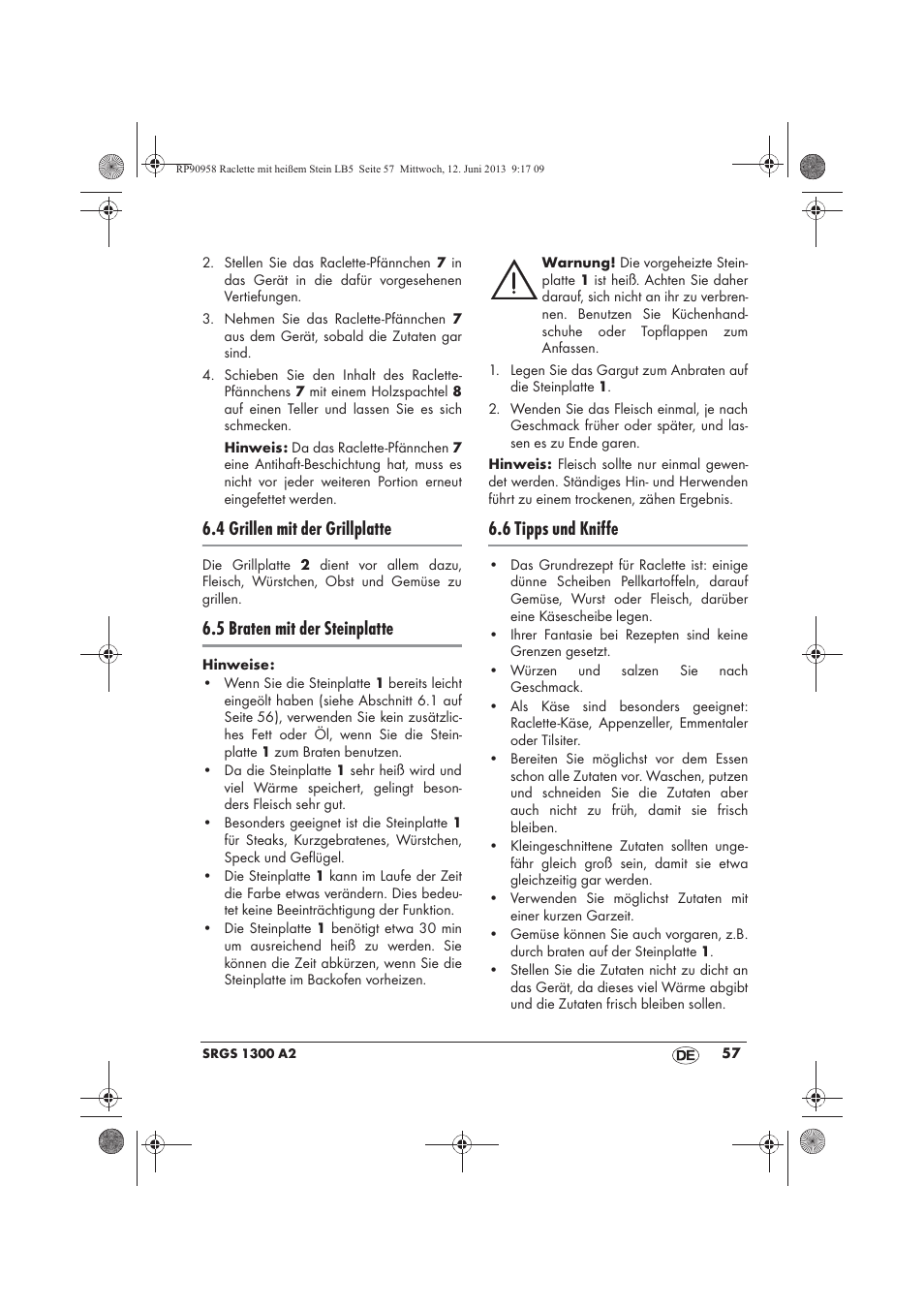 4 grillen mit der grillplatte, 5 braten mit der steinplatte, 6 tipps und kniffe | Silvercrest SRGS 1300 A2 User Manual | Page 59 / 66