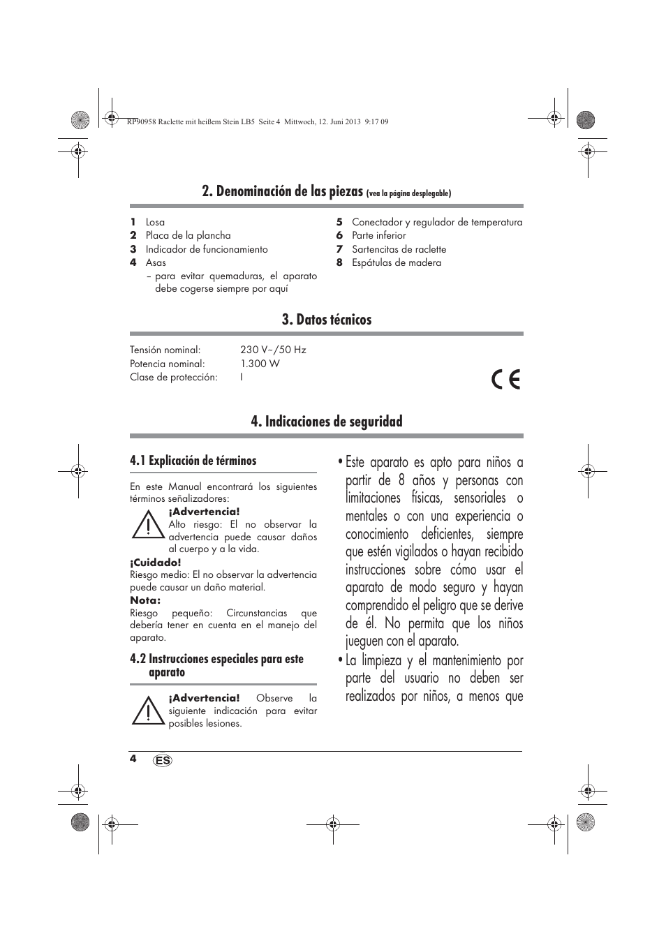 Denominación de las piezas, Datos técnicos, Indicaciones de seguridad | Silvercrest SRGS 1300 A2 User Manual | Page 6 / 66