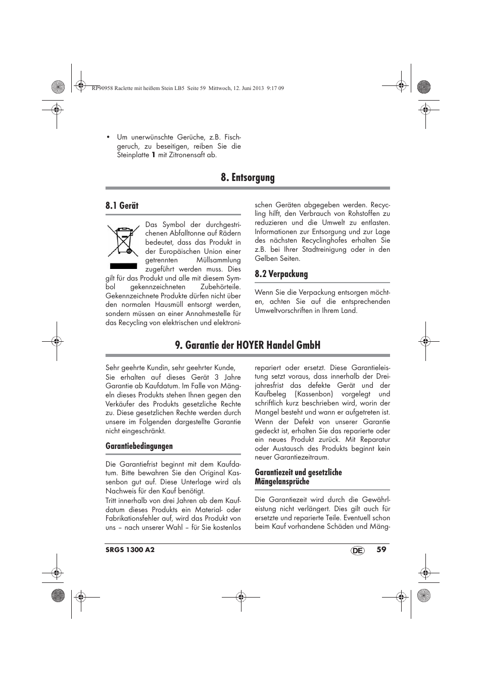 Entsorgung, Garantie der hoyer handel gmbh | Silvercrest SRGS 1300 A2 User Manual | Page 61 / 66