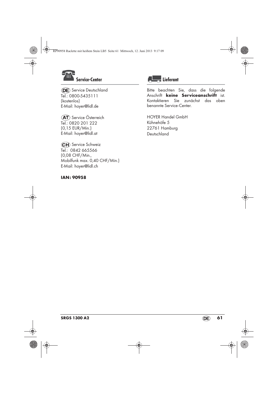 Service-center, Lieferant | Silvercrest SRGS 1300 A2 User Manual | Page 63 / 66