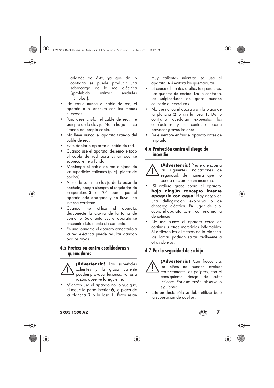 5 protección contra escaldaduras y quemaduras, 6 protección contra el riesgo de incendio, 7 por la seguridad de su hijo | Silvercrest SRGS 1300 A2 User Manual | Page 9 / 66