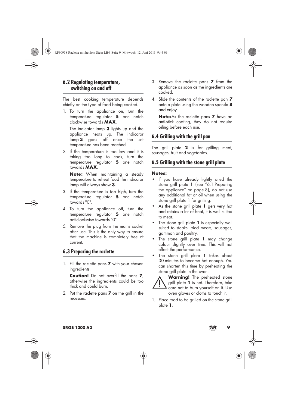 2 regulating temperature, switching on and off, 3 preparing the raclette, 4 grilling with the grill pan | 5 grilling with the stone grill plate | Silvercrest SRGS 1300 A2 User Manual | Page 11 / 86