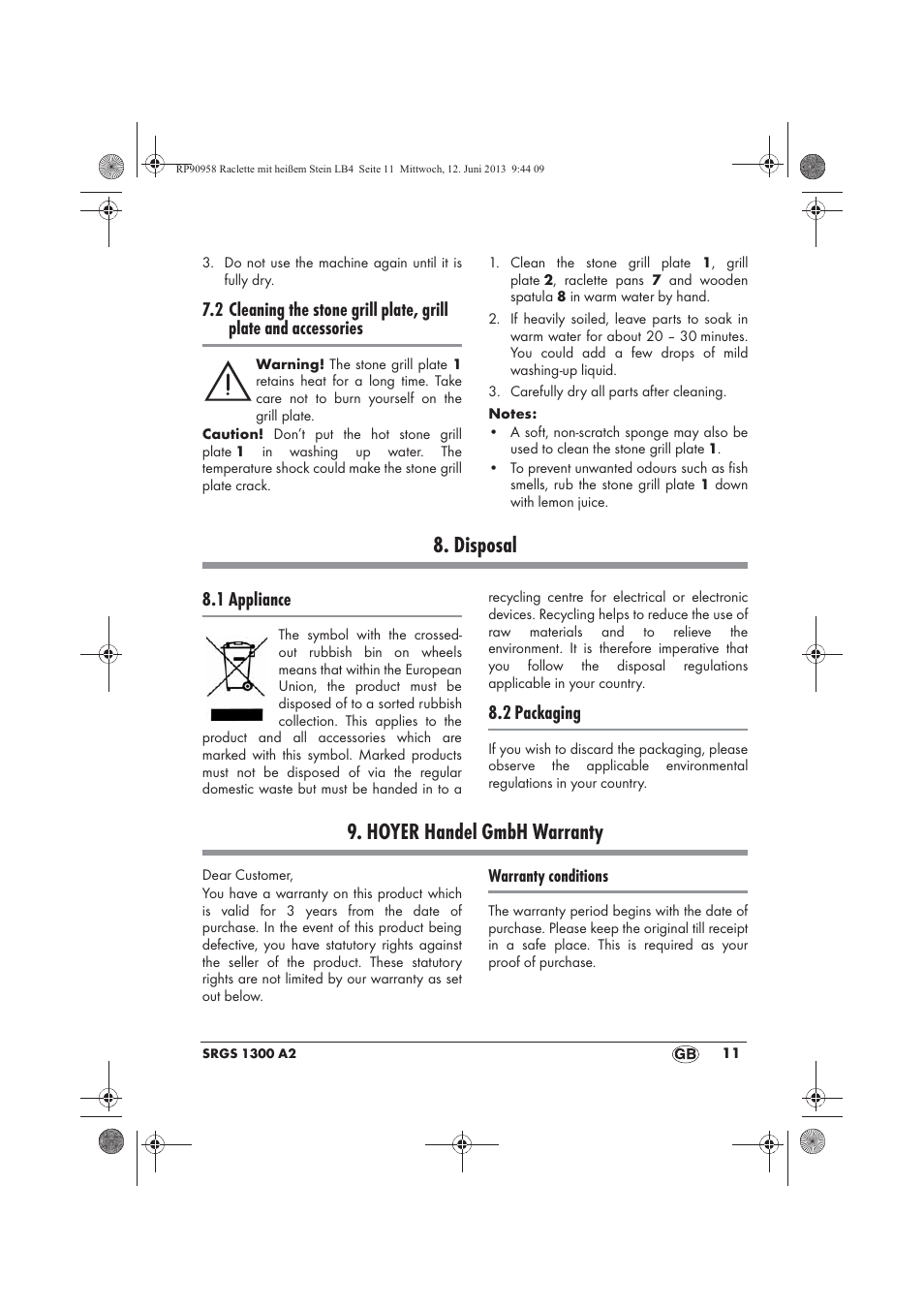 Disposal, Hoyer handel gmbh warranty, 1 appliance | 2 packaging | Silvercrest SRGS 1300 A2 User Manual | Page 13 / 86