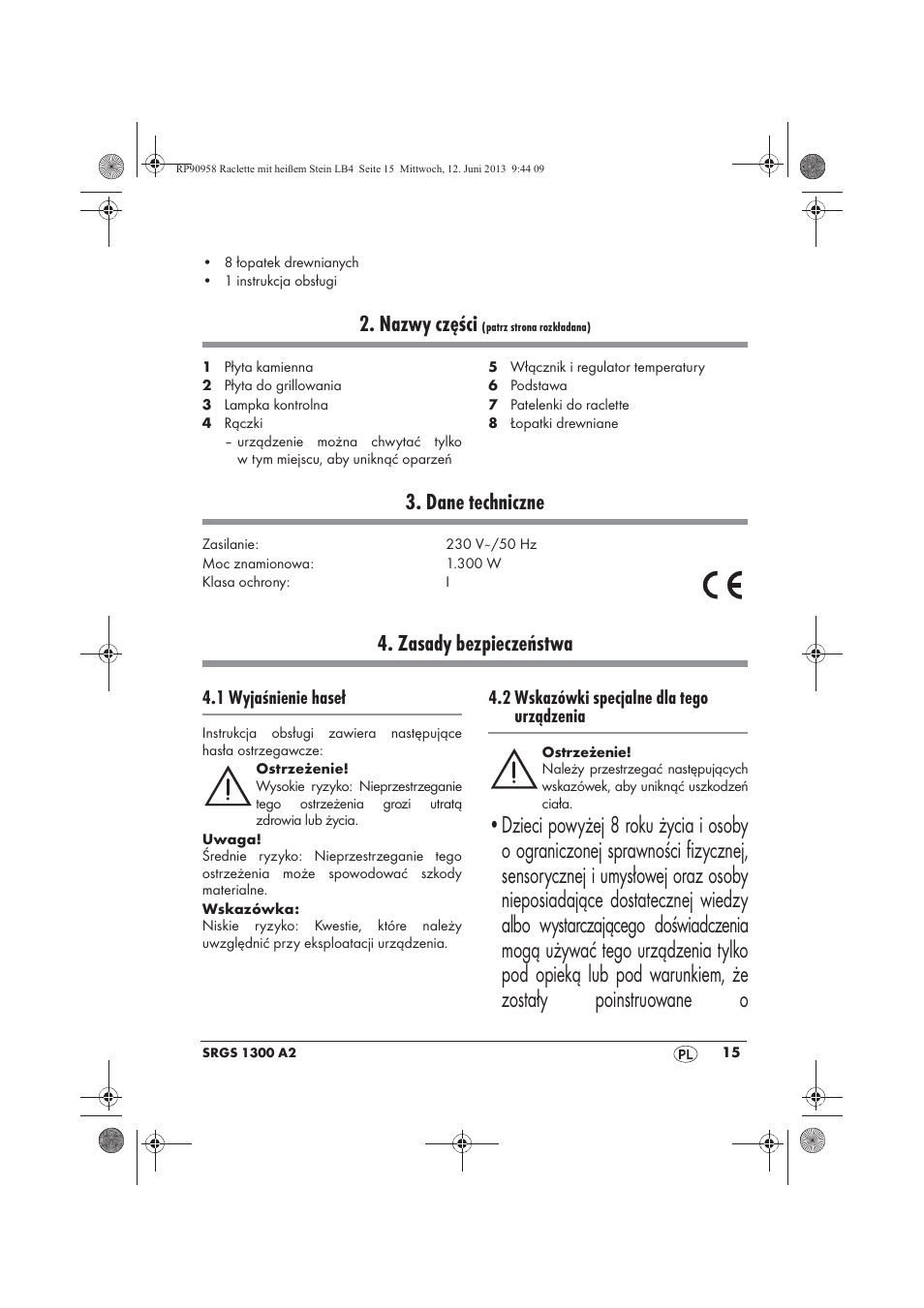 Nazwy części, Dane techniczne, Zasady bezpieczeństwa | Silvercrest SRGS 1300 A2 User Manual | Page 17 / 86