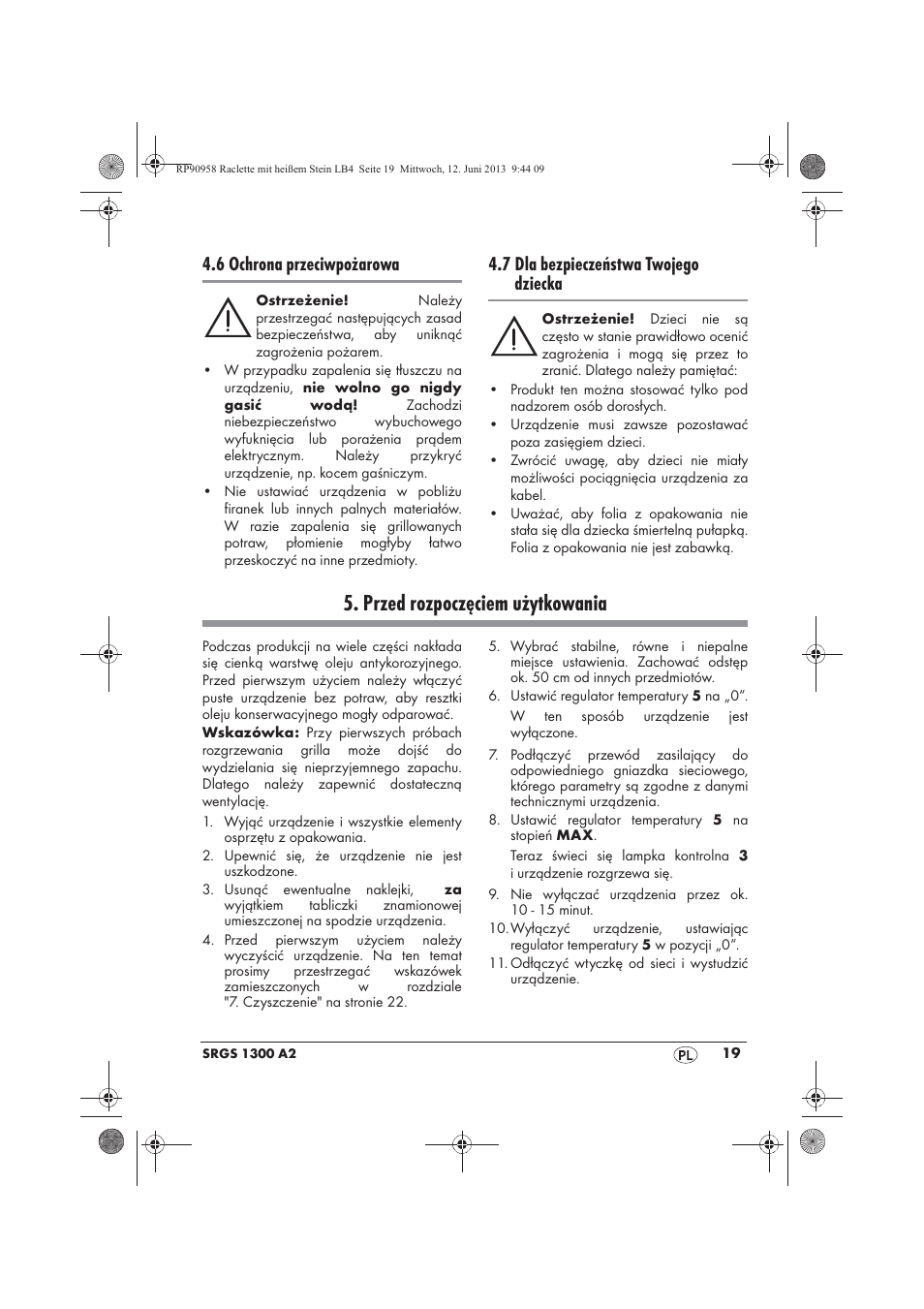 Przed rozpoczęciem użytkowania, 6 ochrona przeciwpożarowa, 7 dla bezpieczeństwa twojego dziecka | Silvercrest SRGS 1300 A2 User Manual | Page 21 / 86