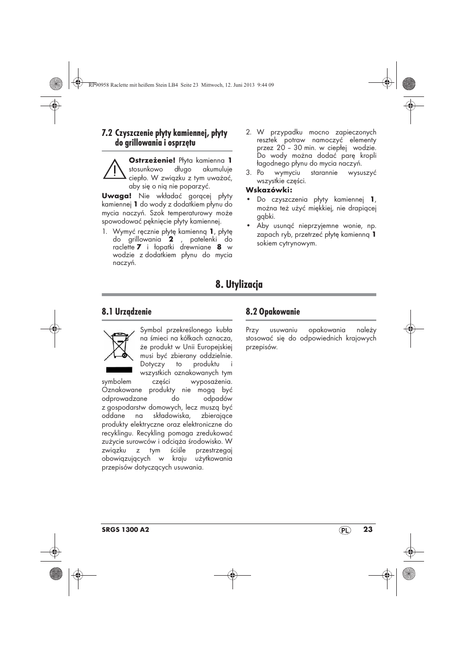 Utylizacja, 1 urządzenie, 2 opakowanie | Silvercrest SRGS 1300 A2 User Manual | Page 25 / 86