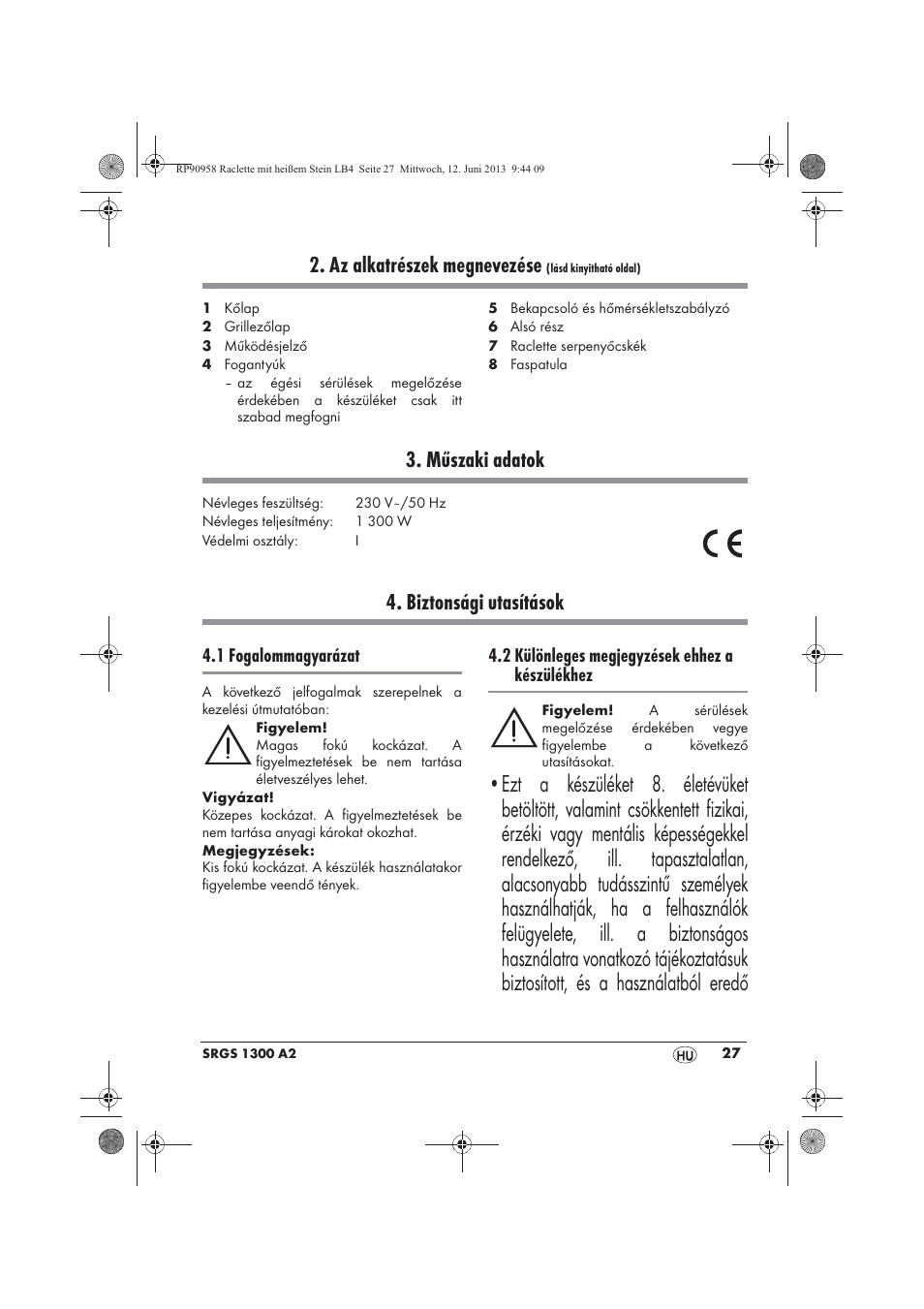 Az alkatrészek megnevezése, Műszaki adatok, Biztonsági utasítások | Silvercrest SRGS 1300 A2 User Manual | Page 29 / 86