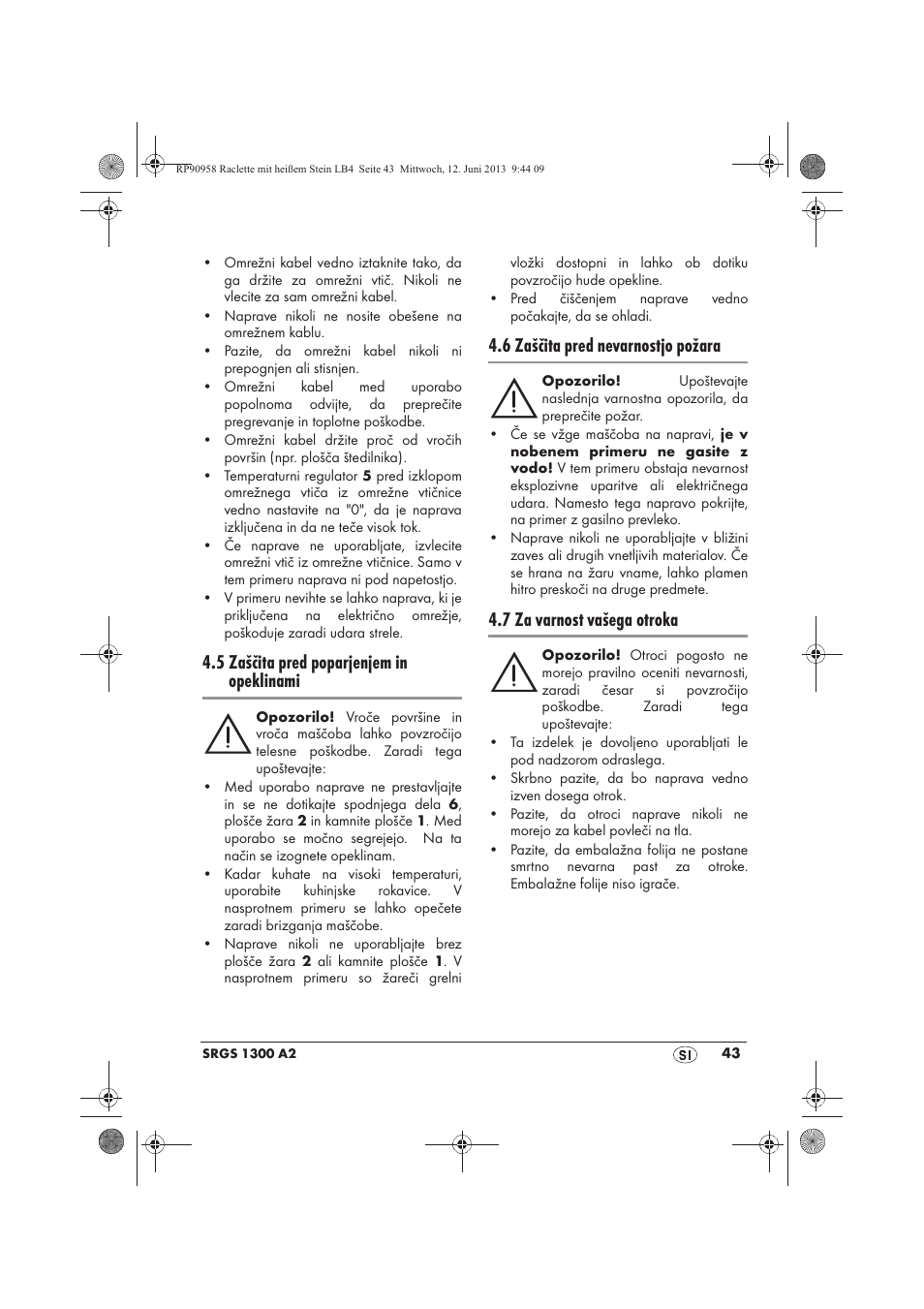 5 zaščita pred poparjenjem in opeklinami, 6 zaščita pred nevarnostjo požara, 7 za varnost vašega otroka | Silvercrest SRGS 1300 A2 User Manual | Page 45 / 86