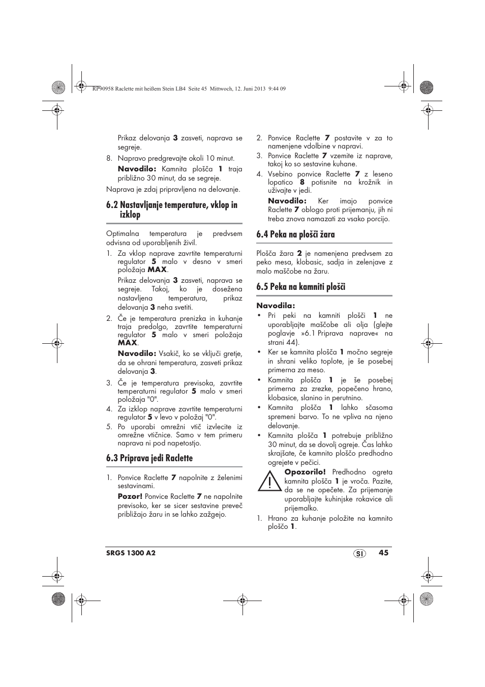 2 nastavljanje temperature, vklop in izklop, 3 priprava jedi raclette, 4 peka na plošči žara | 5 peka na kamniti plošči | Silvercrest SRGS 1300 A2 User Manual | Page 47 / 86