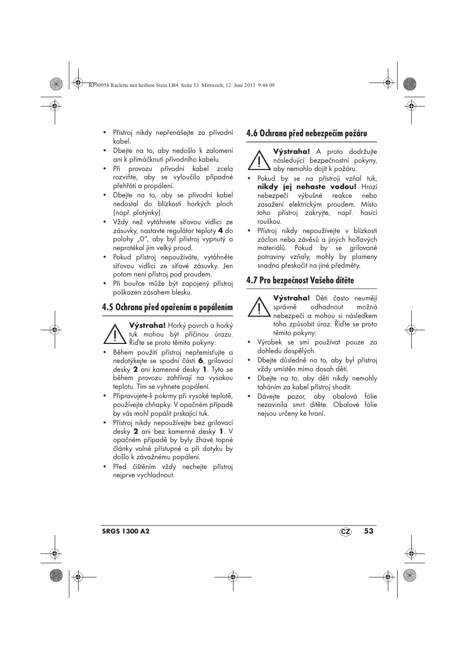 5 ochrana před opařením a popálením, 6 ochrana před nebezpečím požáru, 7 pro bezpečnost vašeho dítěte | Silvercrest SRGS 1300 A2 User Manual | Page 55 / 86